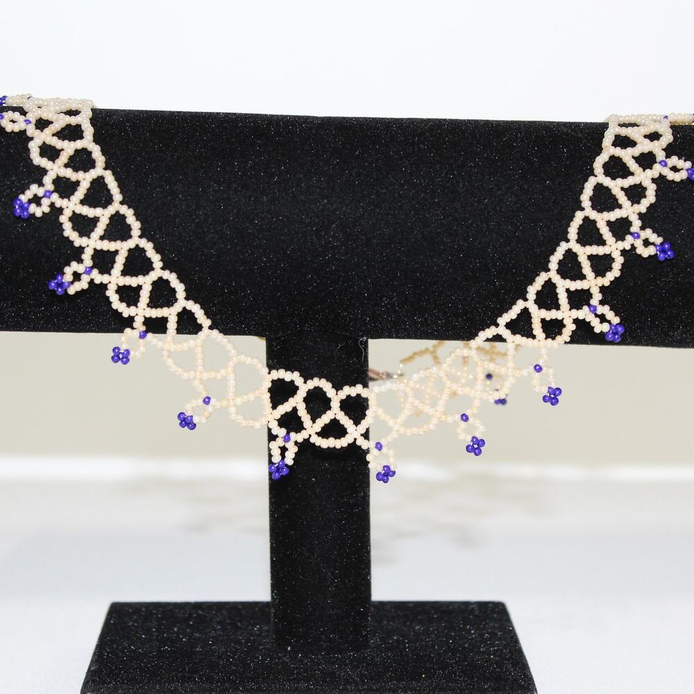 Handmade Collar Length Beaded Necklace Cream & Blue